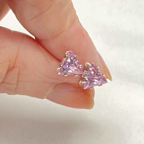Pink Trillion Cut CZ Studs - Picture 2 of 6